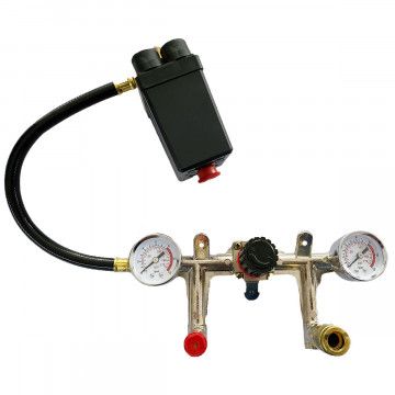 Pressure regulator complete (manometer, hose, pressure switch, safety valve, compressed air coupling) Pressure regulator complete (manometer, hose, pressure switch, safety valve, compressed air coupling)