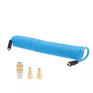 Spiral air hose 10 bar 7.5 m 1/4" 12 x 8 mm PU with a set of couplings and nipples Spiral air hose 10 bar 7.5 m 1/4" 12 x 8 mm PU with a set of couplings and nipples